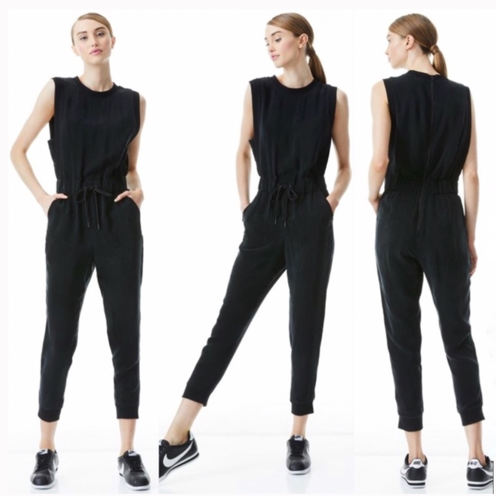 ALICE + OLIVIA black drawstring waist tie silk sleeveless tank jumpsuit - Picture 2 of 12